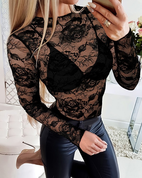 Floral Print Contrast Lace Mock Neck T Shirt Casual Sheer Mesh Slim Fit Blouse Top