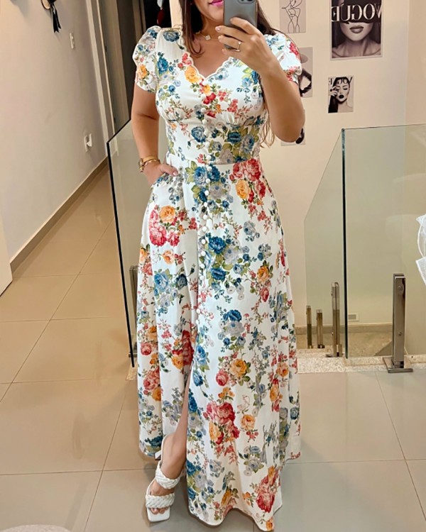 Floral Print V Neck Puff Sleeve Maxi Dress A-Line Flowy Casual Dress With Pockets