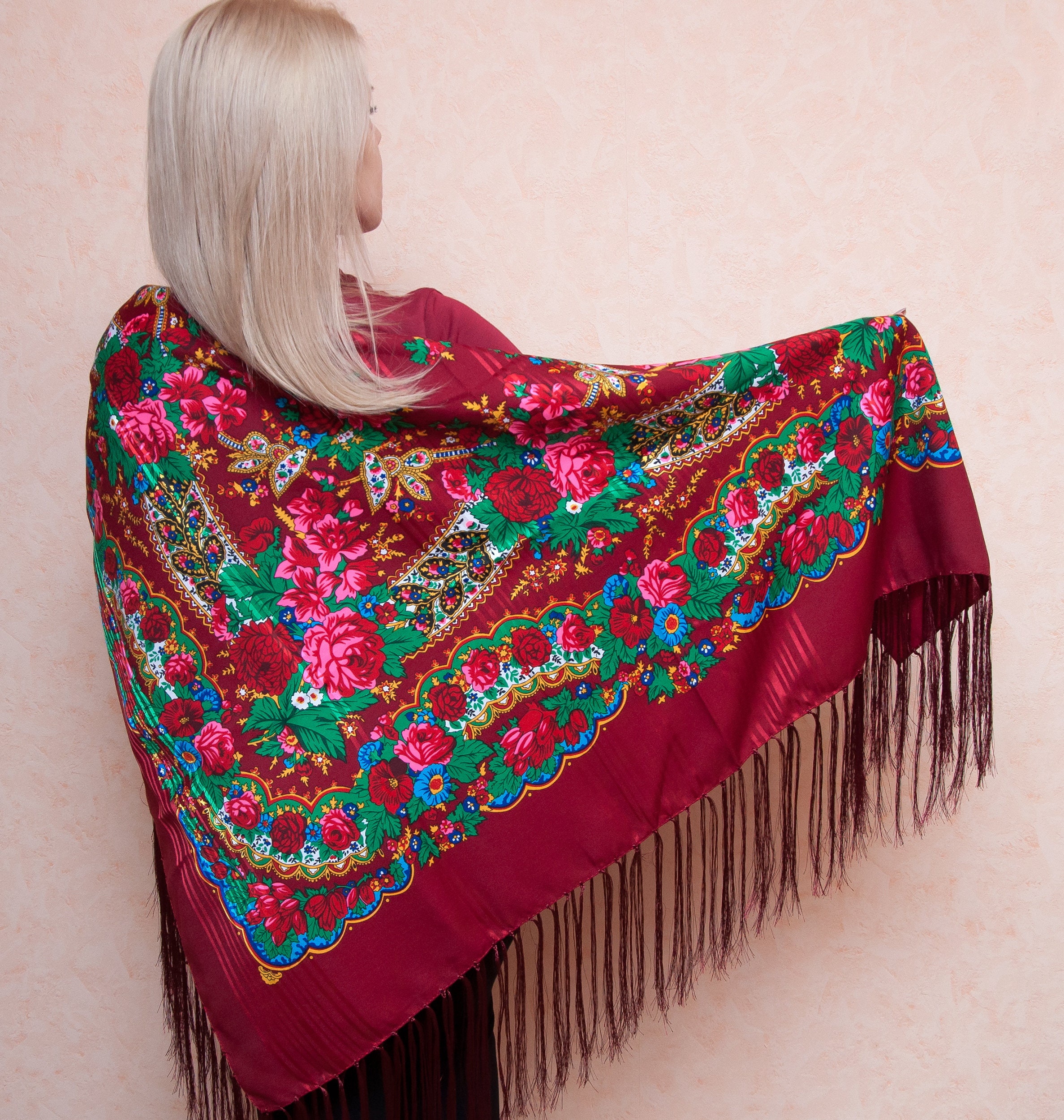 Floral Shaw, Ukrainian Scarf Different Colors Traditional Babushka Pavlovo Posad Style. Ethnic Fringed Shawls Gifts For Women Cape On A Coat