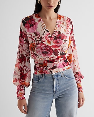 Floral V-Neck Long Sleeve Faux Wrap Pleated Waist Top