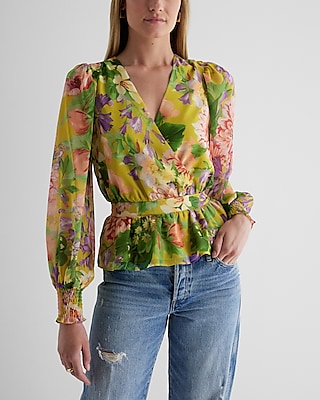 Floral V-Neck Smocked Cuff Peplum Top Green Women's XS