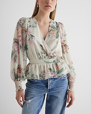 Floral V-Neck Smocked Cuff Peplum Top