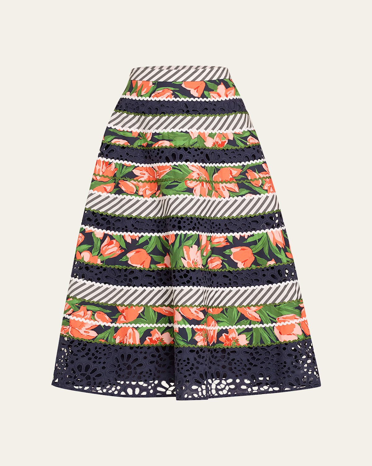 Floral and Striped Circle Skirt with Embroidered Detail