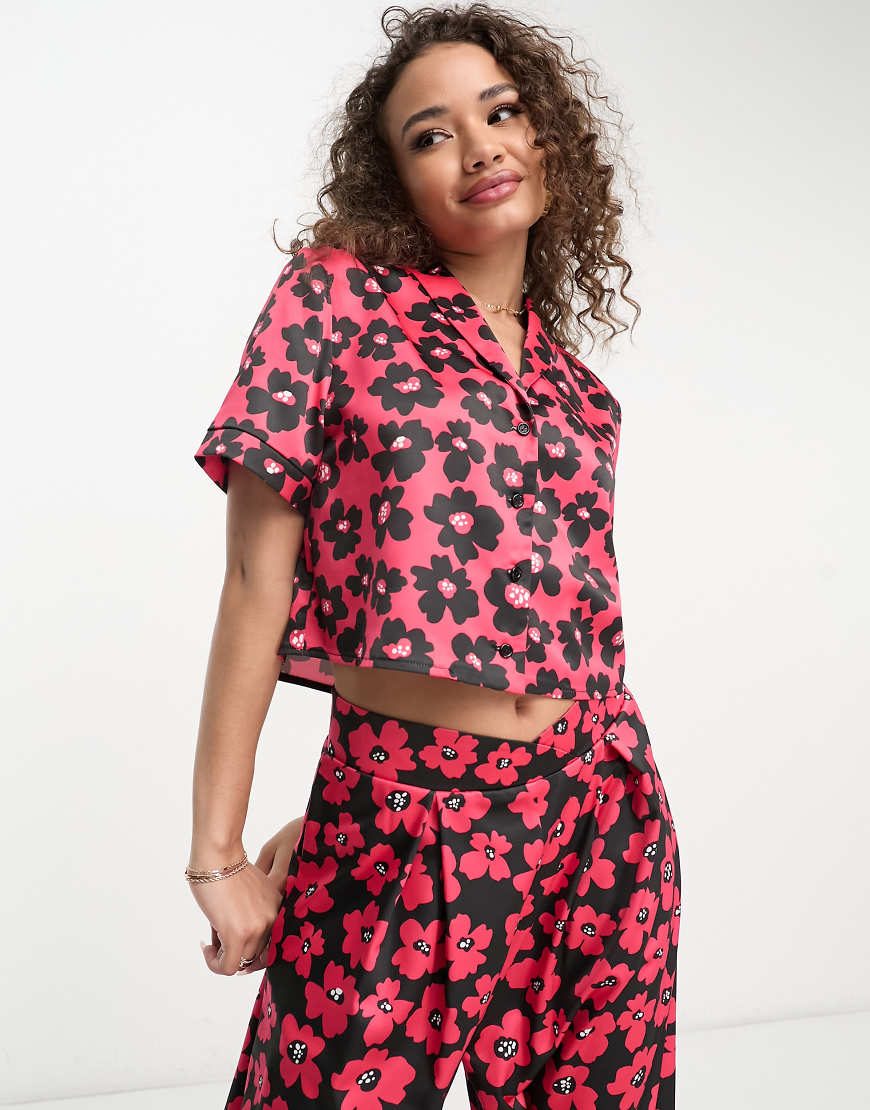 Flounce London short sleeve cropped shirt in red and black floral - part of a set