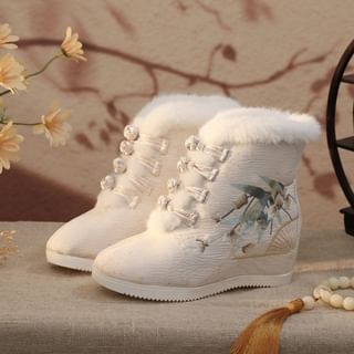 Flower Embroidered Fluffy Trim Wedge Ankle Boots