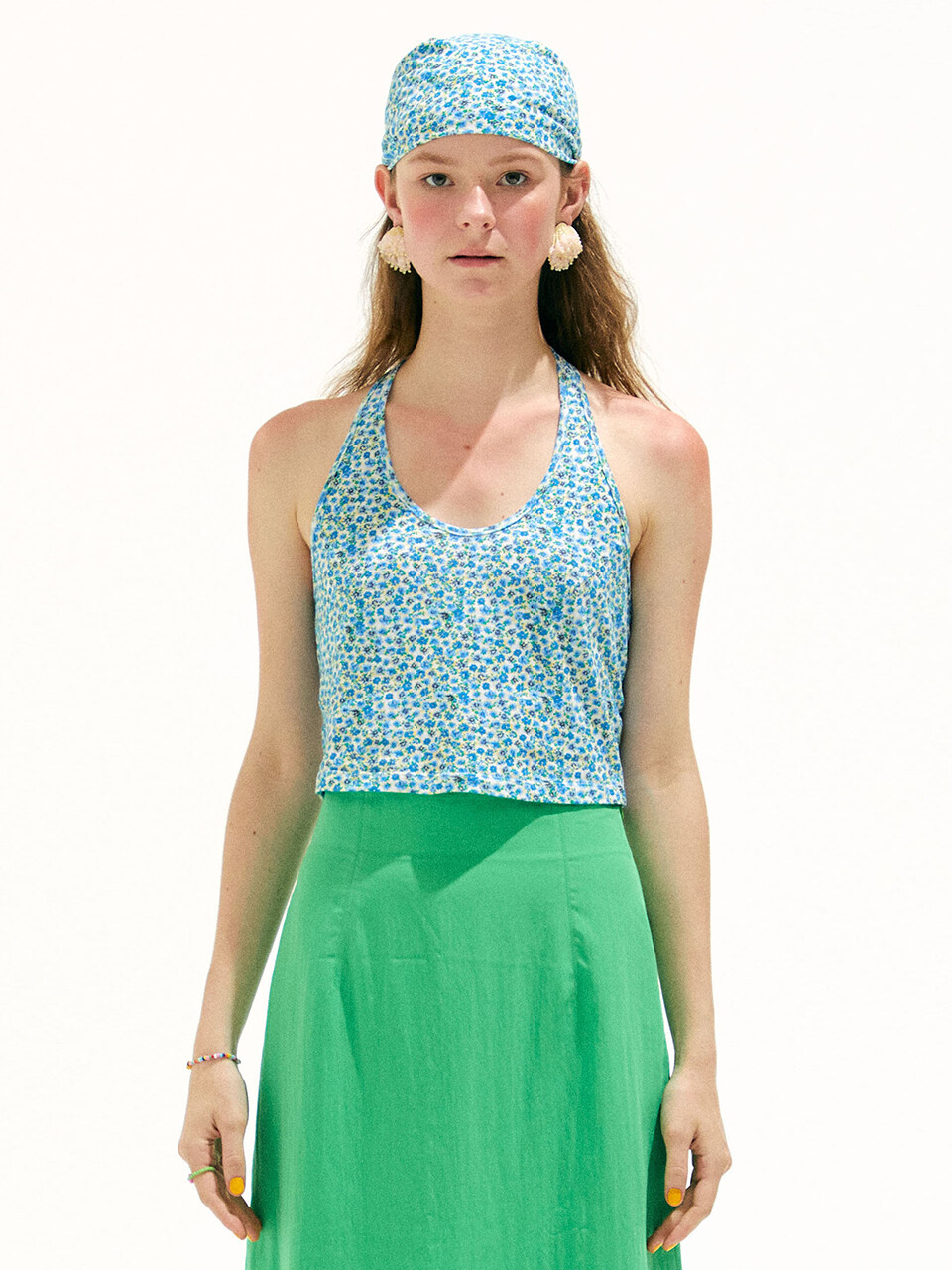 Flower Halter Neck T Shirt (Blue)