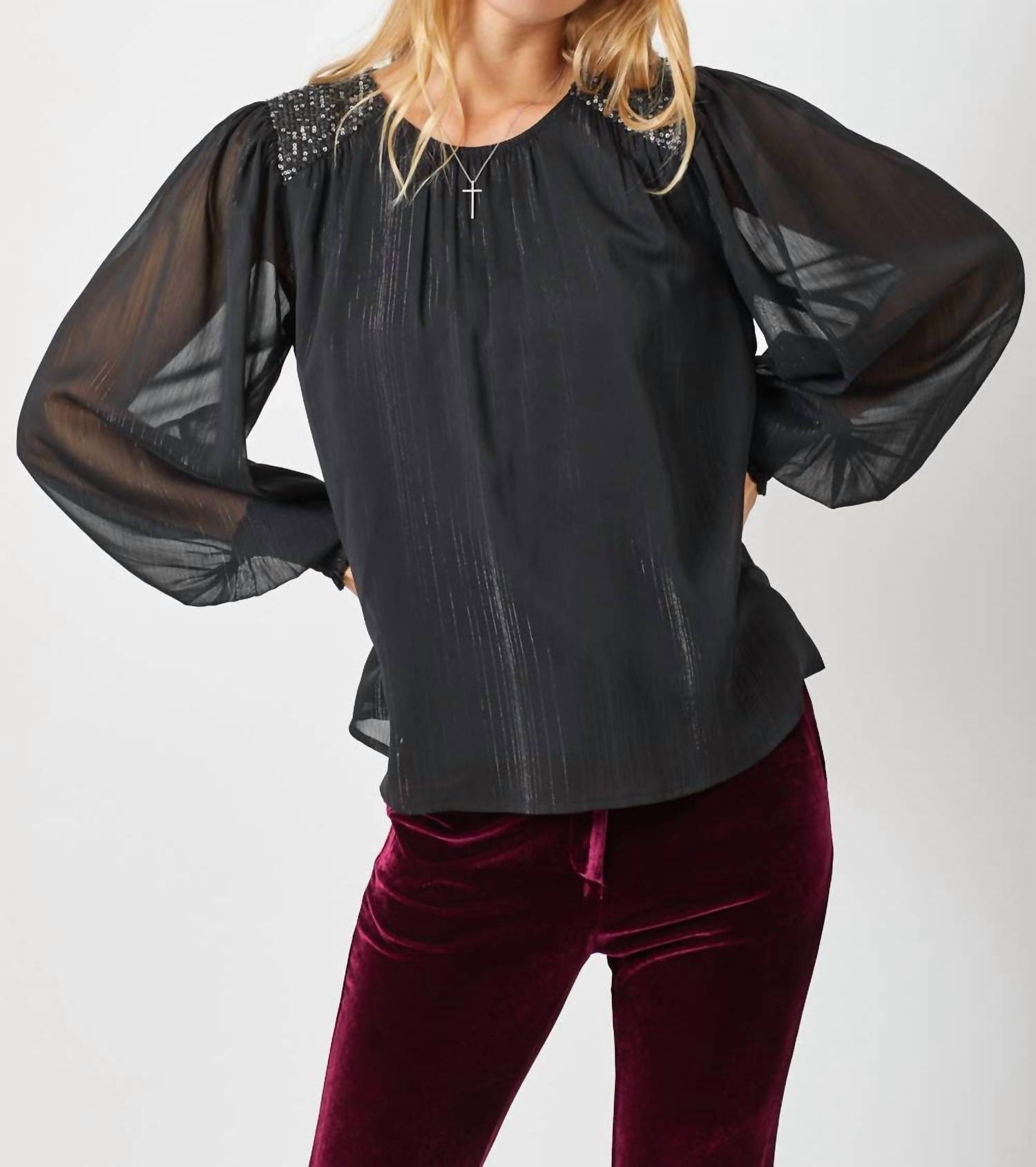 Flowy Glitter Chiffon Blouse In Black