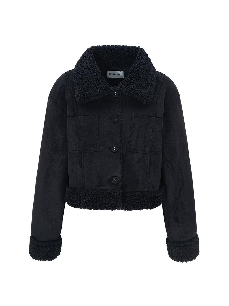 Fluffy Suede Shearling Coat [Black]