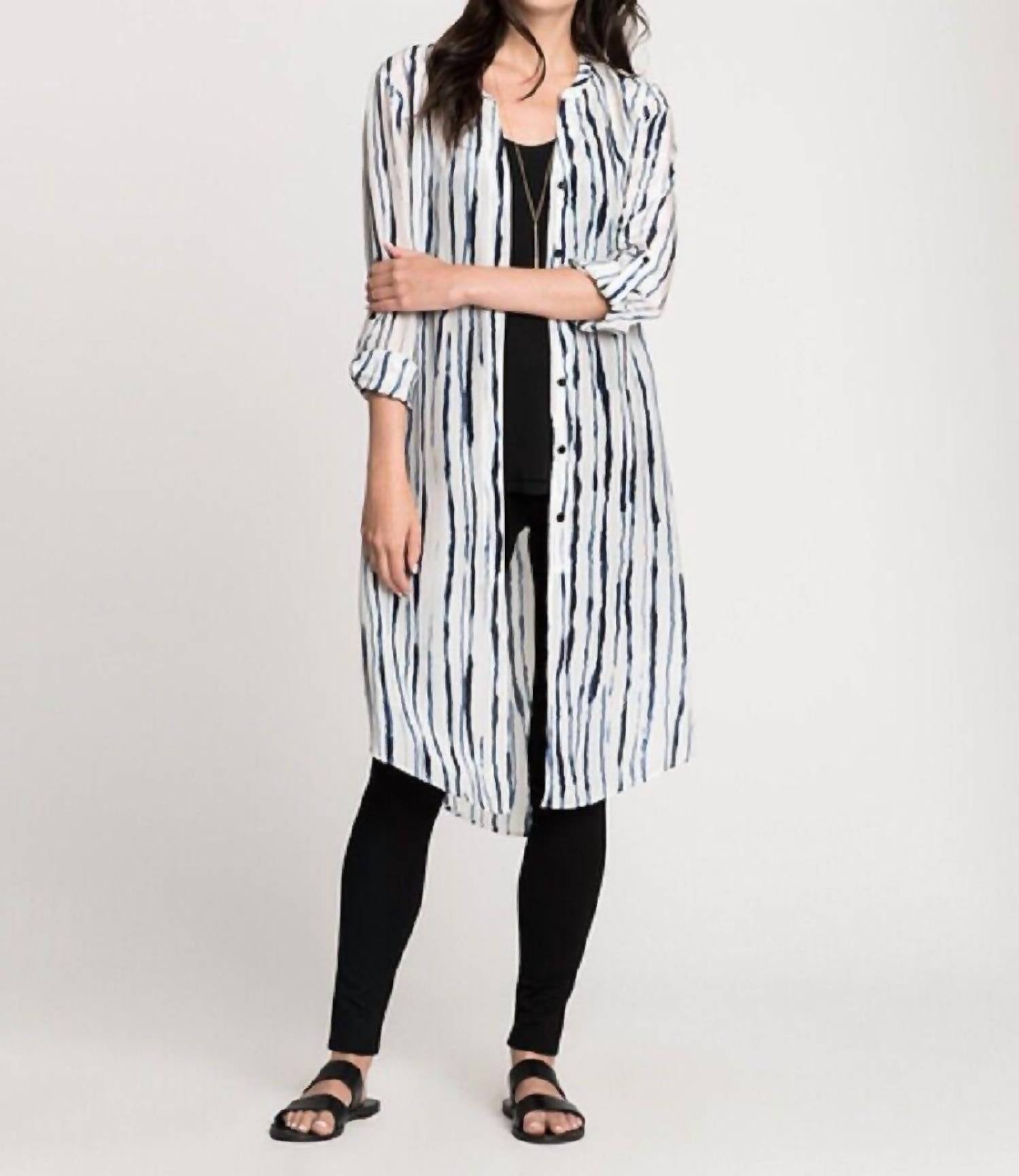 Fluid Ink Silk Blend Tunic Long Top In White, Blue