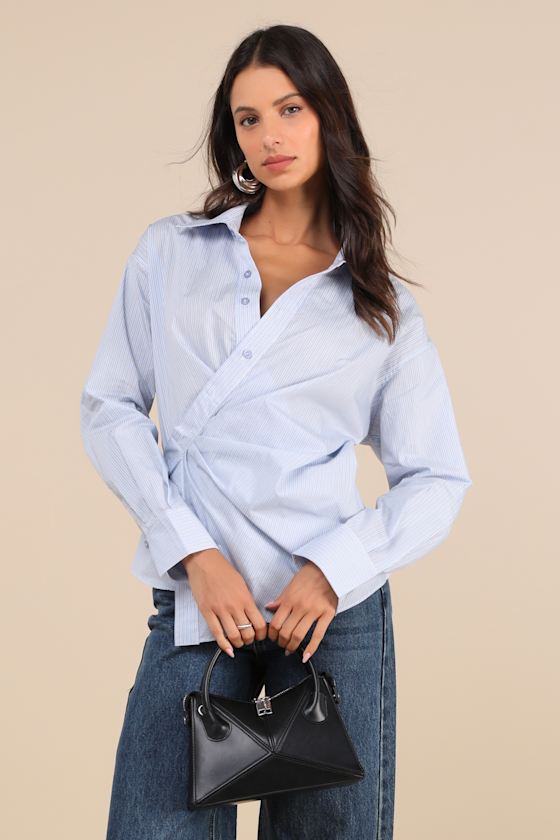 Flykra Light Blue Striped Asymmetrical Button-Up Wrap Top