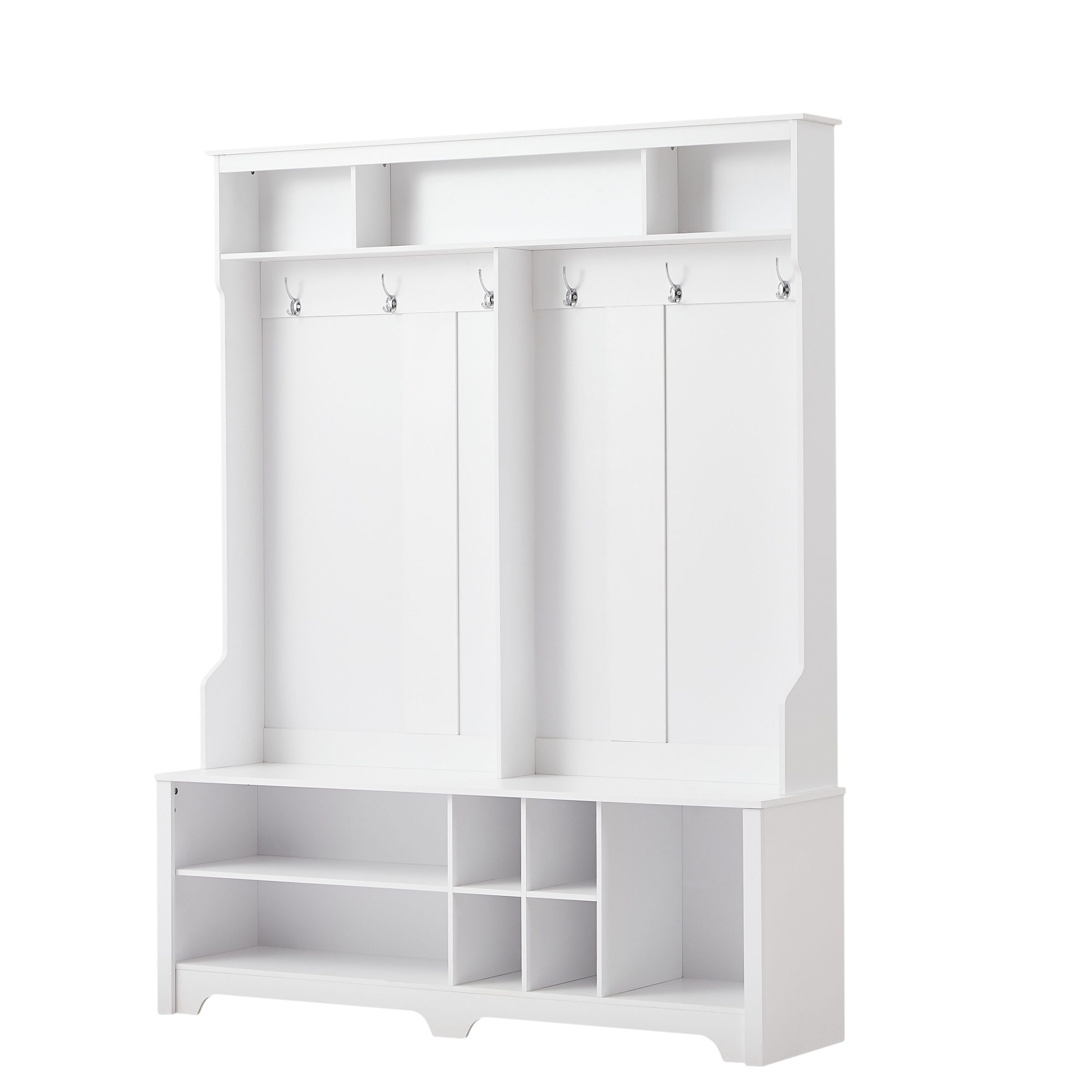 Flynama Hall Tree Entryway Bench with Coat Rack and Shoe Cubbies in White | L-P147412