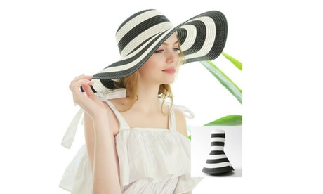 Foldable Summer Anti-UV Wide Brim Straw Hat for Women Beach Floppy Hat Navy diameter: 18.9