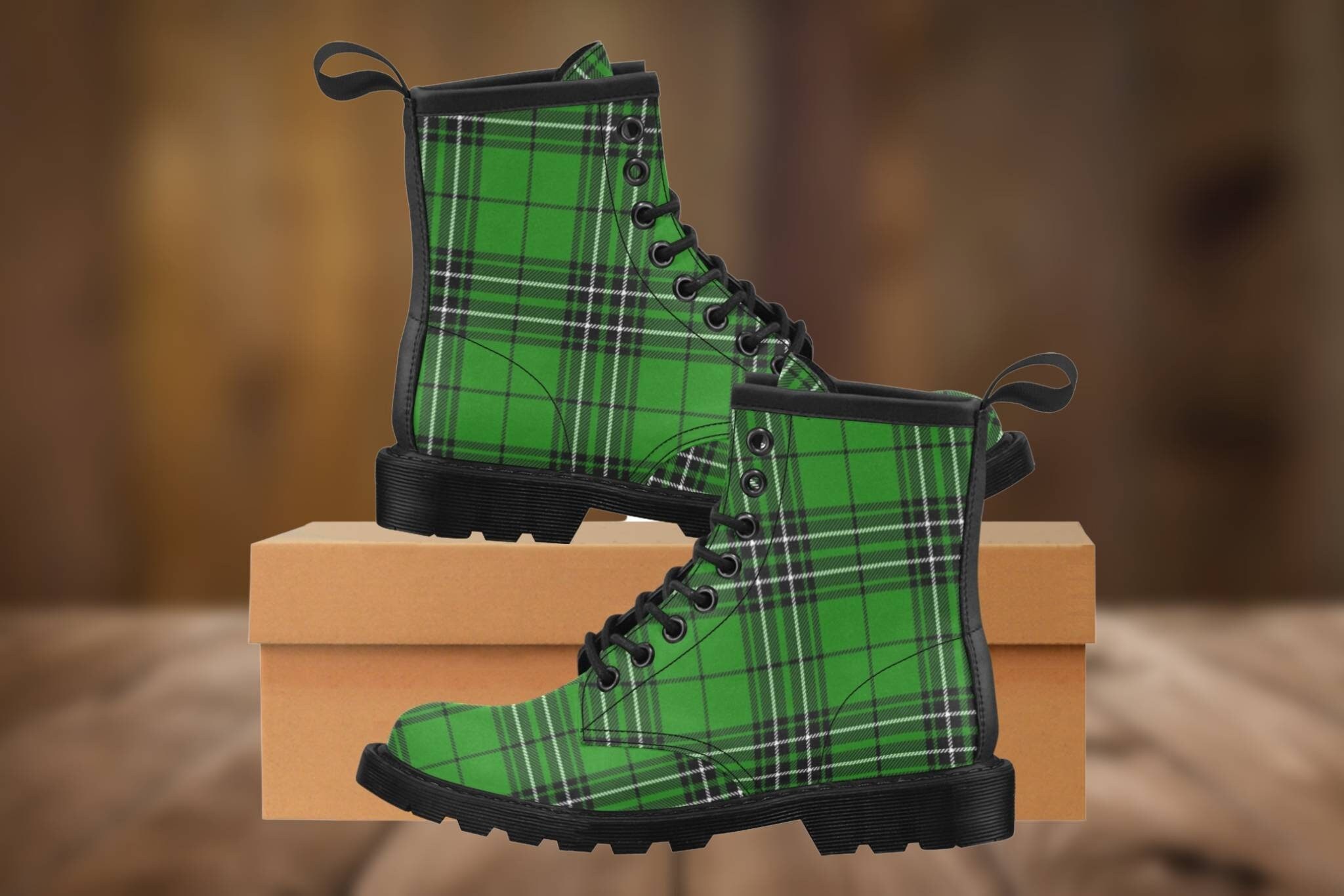 Forbes Tartan Boots, Clan Forbes, Vegan Leather Plaid Ankle Combat Boots Women, Green