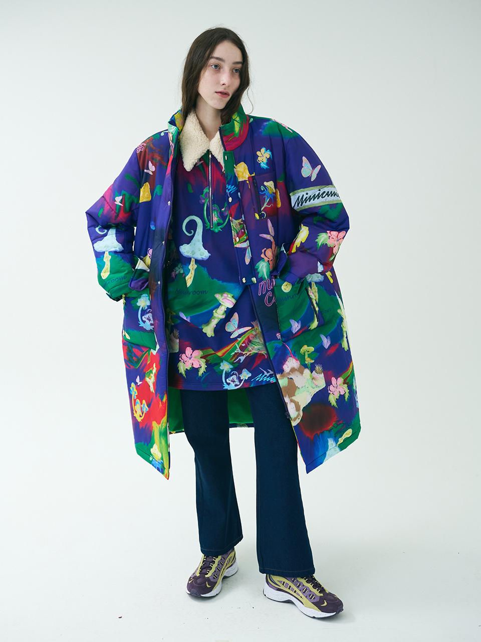 Forest Digital Print Long Puffer Coat [Navy]