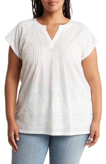 Forgotten Grace Pleated Embroidered Cotton Tunic Top in White at Nordstrom Rack, Size 1X