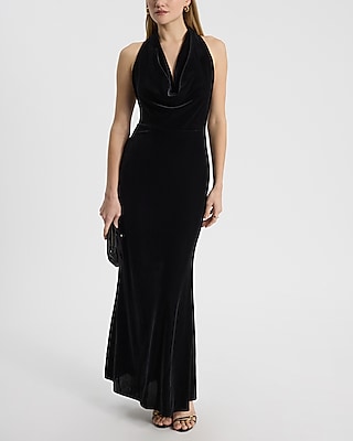 Formal Velvet Cowl Neck Bow Halter Maxi Dress