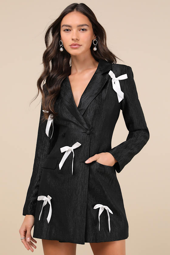 Formally Adorable Black Double Breasted Bow Blazer Mini Dress