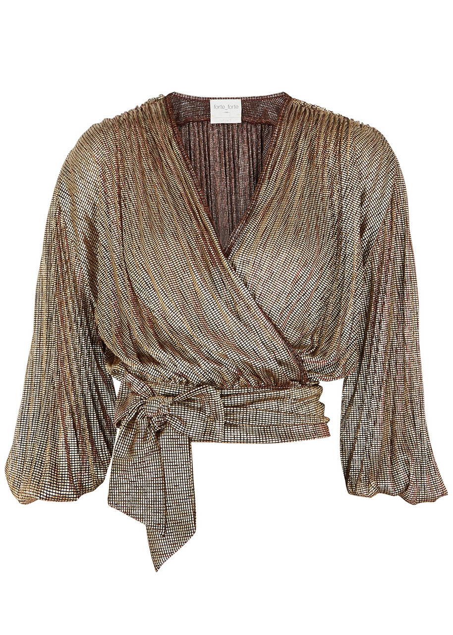 Forte_forte Gold Metallic-weave Draped Wrap top - 2