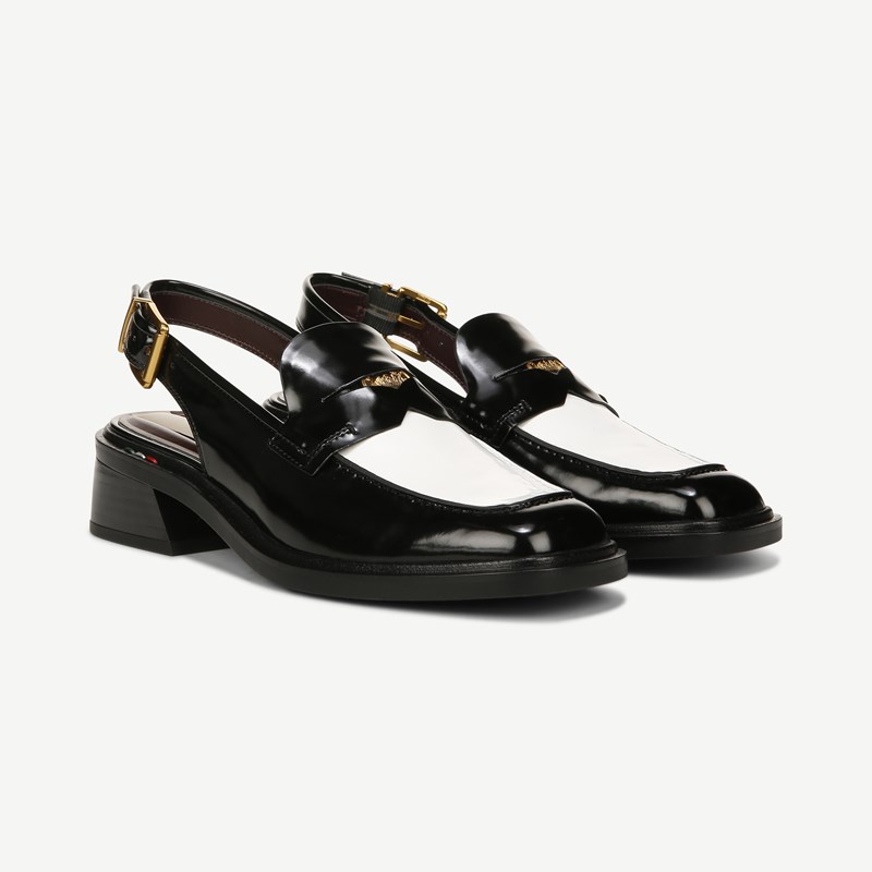 Franco Sarto Franco Giada Slingback Loafer Heel Shoes (Black/white Faux Leather) 8.0 M Square Toe, Stacked Heels