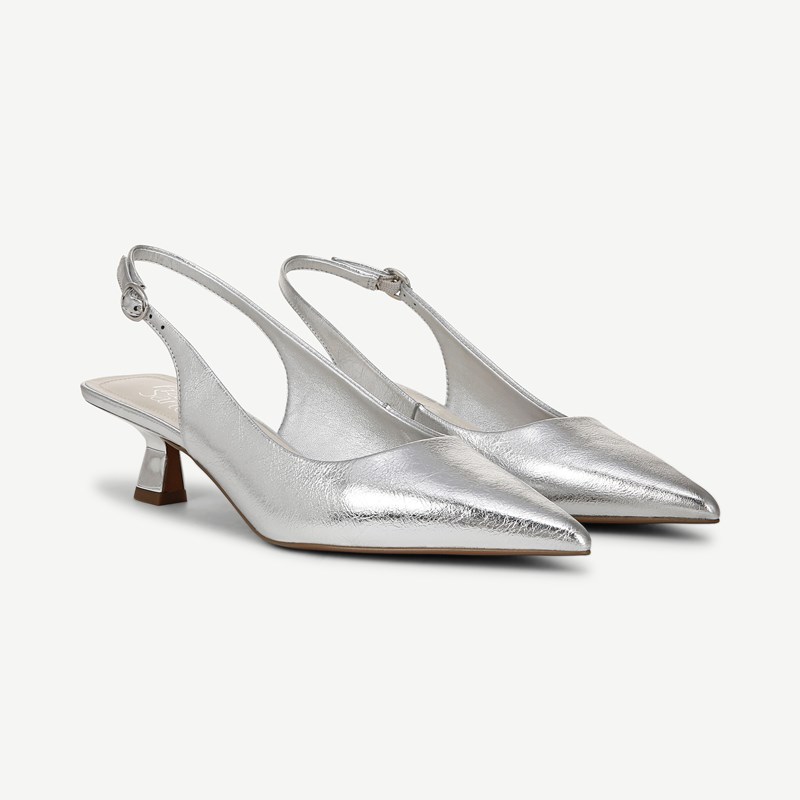 Franco Sarto Franco Jaden Slingback Shoes (Silver Faux Leather) 7.5 M Pointed Toe, Buckle Closure