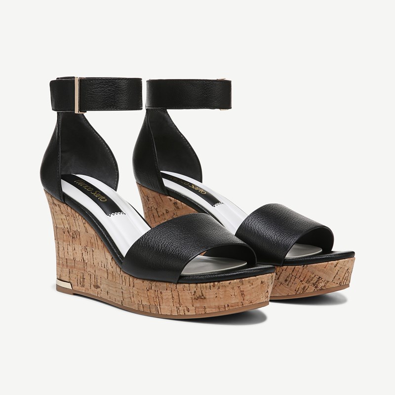 Franco Sarto Shoes Franco Clemens Cork Wedge Sandal (Black Leather) 10.0 M Open Toe, Platform Heels, Ankle Strap