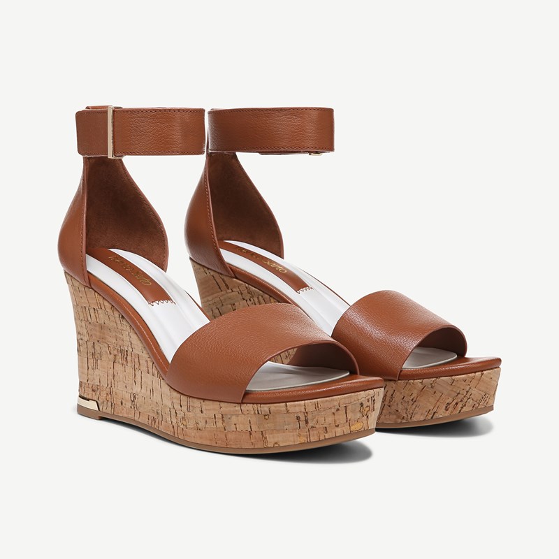 Franco Sarto Shoes Franco Clemens Cork Wedge Sandal (Cognac Brown Leather) 8.5 M Open Toe, Platform Heels, Ankle Strap