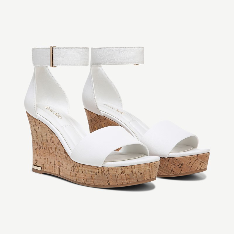 Franco Sarto Shoes Franco Clemens Cork Wedge Sandal (White Leather) 8.5 M Open Toe, Platform Heels, Ankle Strap