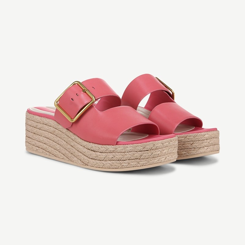 Franco Sarto Shoes Franco Taziana Espadrille Slide Sandal (Strawberry Pink Leather) 5.0 M Round Toe, Platform Heels, Wedge Heels, Buckle Closure