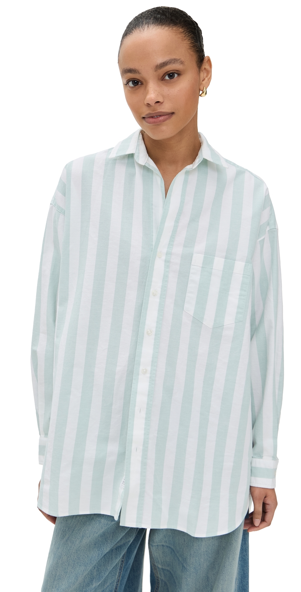 Frank & Eileen Oversized Button Up Shirt Wide Sage Stripe XS