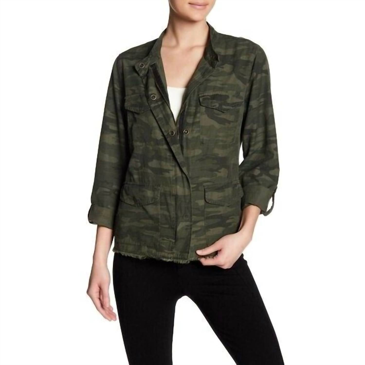 Fray Hem Utility Camo Print Military Jacket In Green