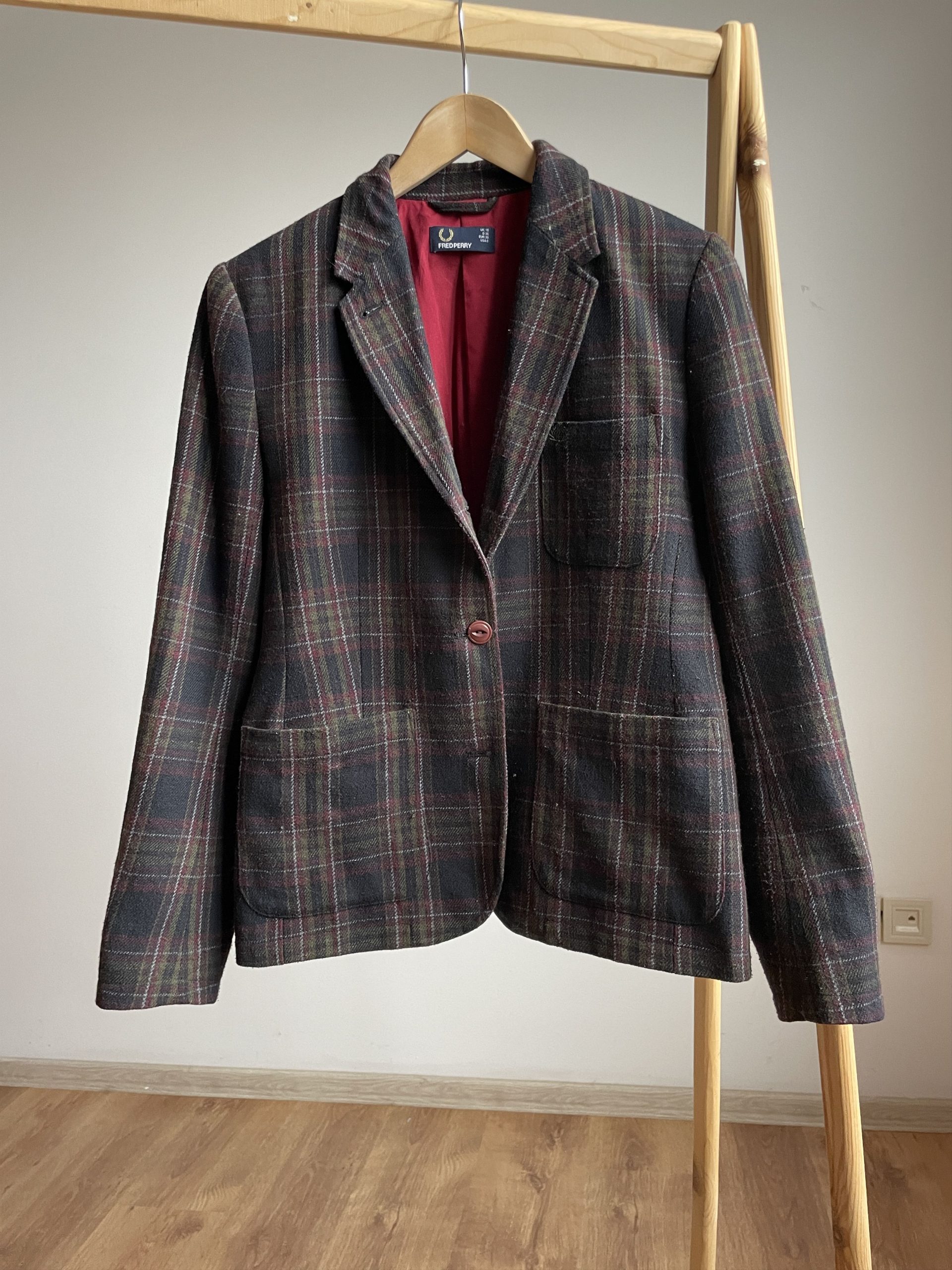 Fred Perry Womens Plaid Wool Blend Sport Coat Blazer (Size Medium)