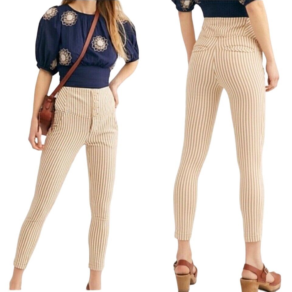 Free People Frankie Striped Skinny Pants Button Ankle 12 in Tan, Women's (Size 34)