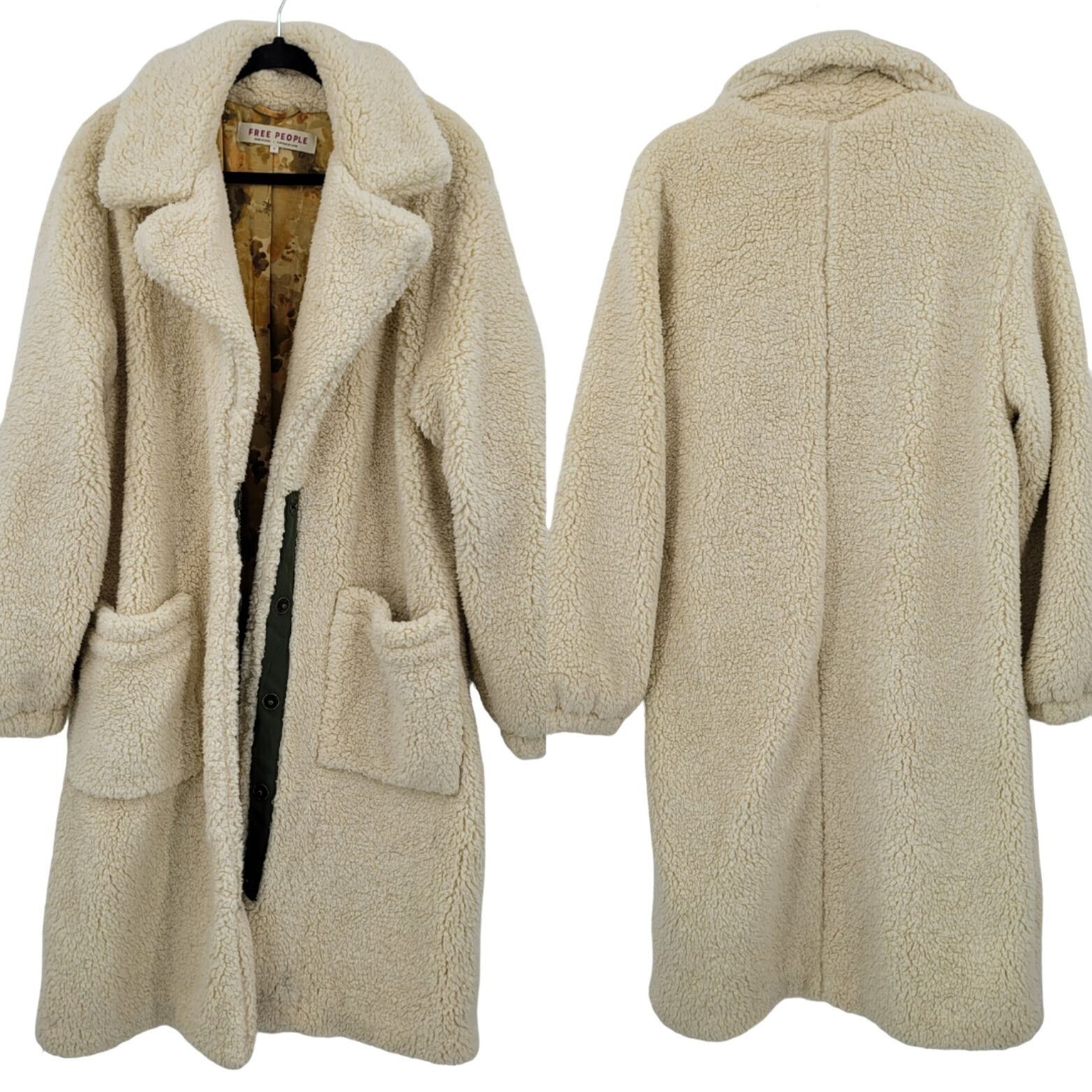 Free People Tessa Teddy Coat M Cream Faux Fur Longline Duste, Women's (Size Medium)