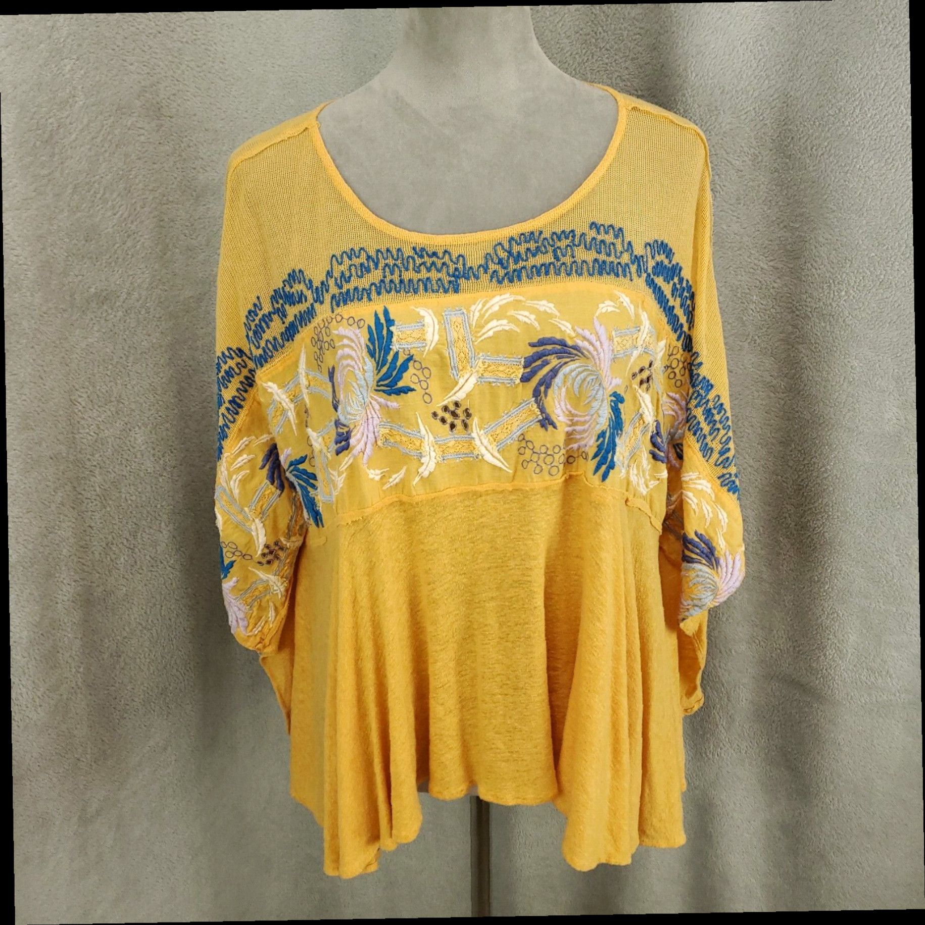 Free People Yellow Bohemian Embroidered Mesh Flowy Small Womens Top With Delicate Shoulder Details in White