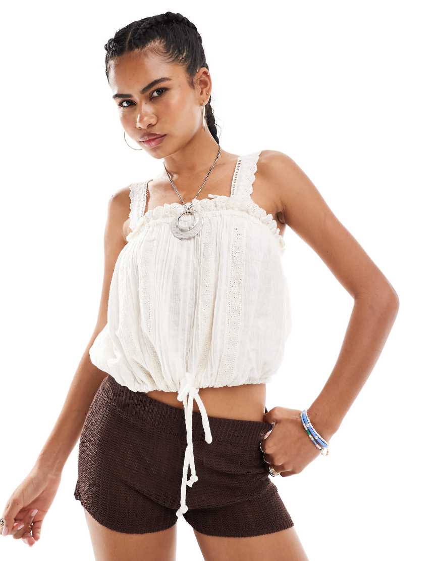 Free People lace edged boho camisole top in ivory-White