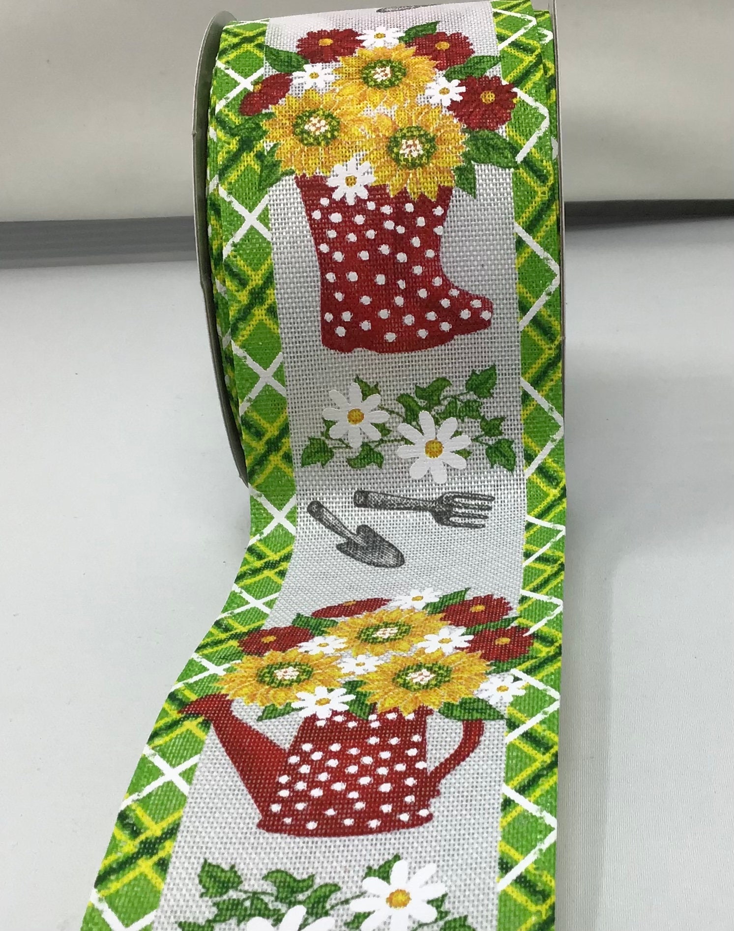 Free Shipping - 10 Yards 2.5" Wired Spring Rain Boot & Watering Can Ribbon Floral