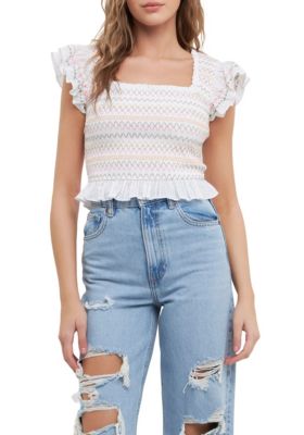 Free The Roses Women's Smocked Multi Color Embroidered Crop Top, White, XS