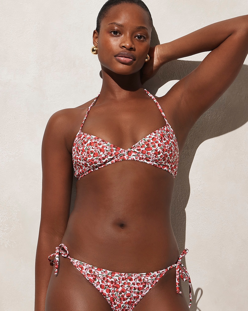 French halter-neck bikini top in Liberty Eliza's Red fabric