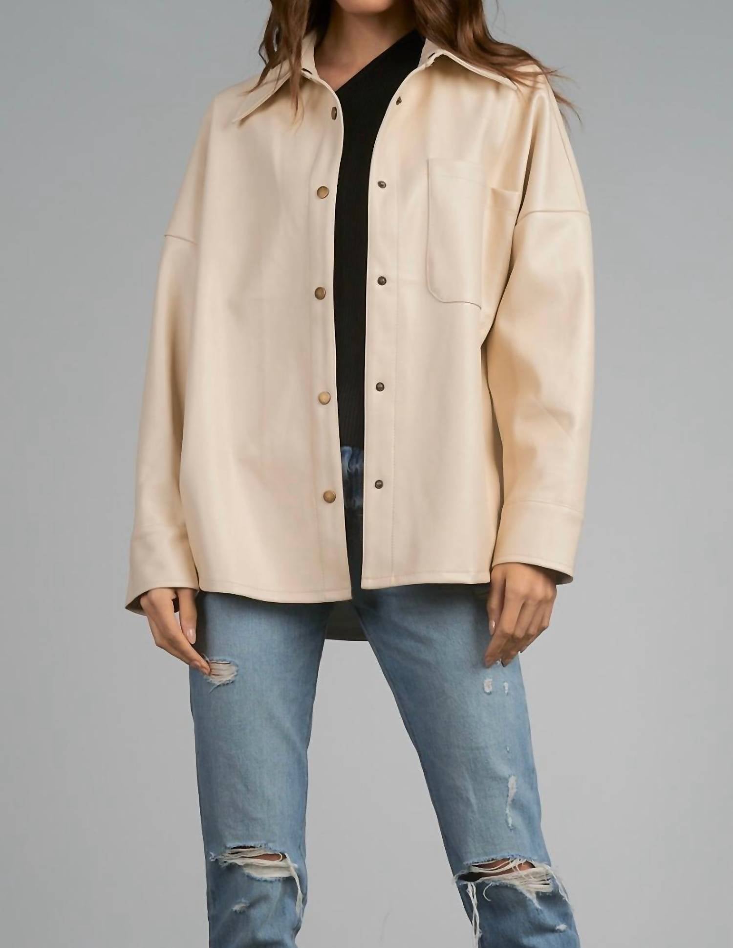 Frost Faux Leather Shacket In Beige