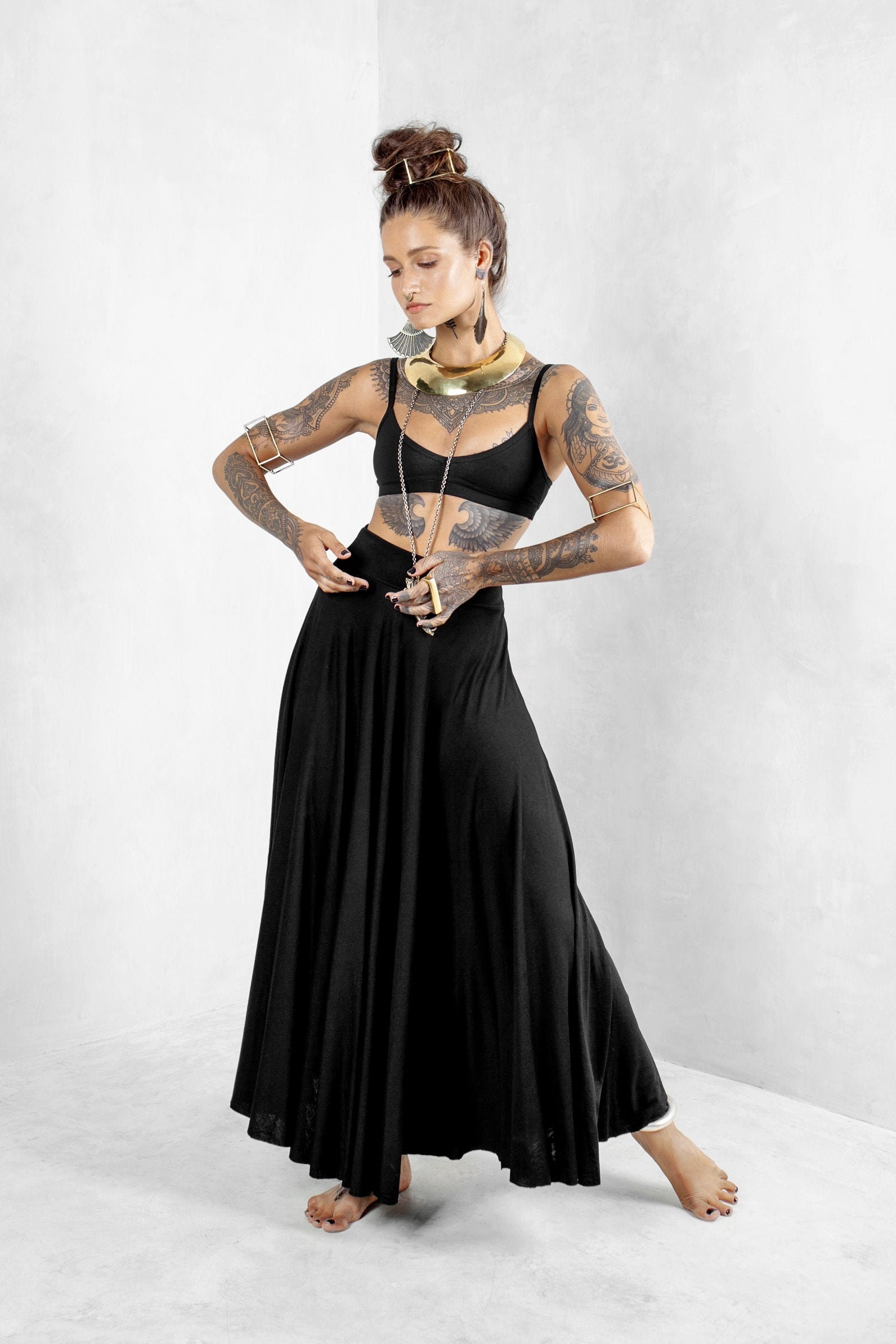 Full Circle Skirt Flamenco Black Maxi Boho Goddess Long A Line Resort Wear Belly Dance Costume