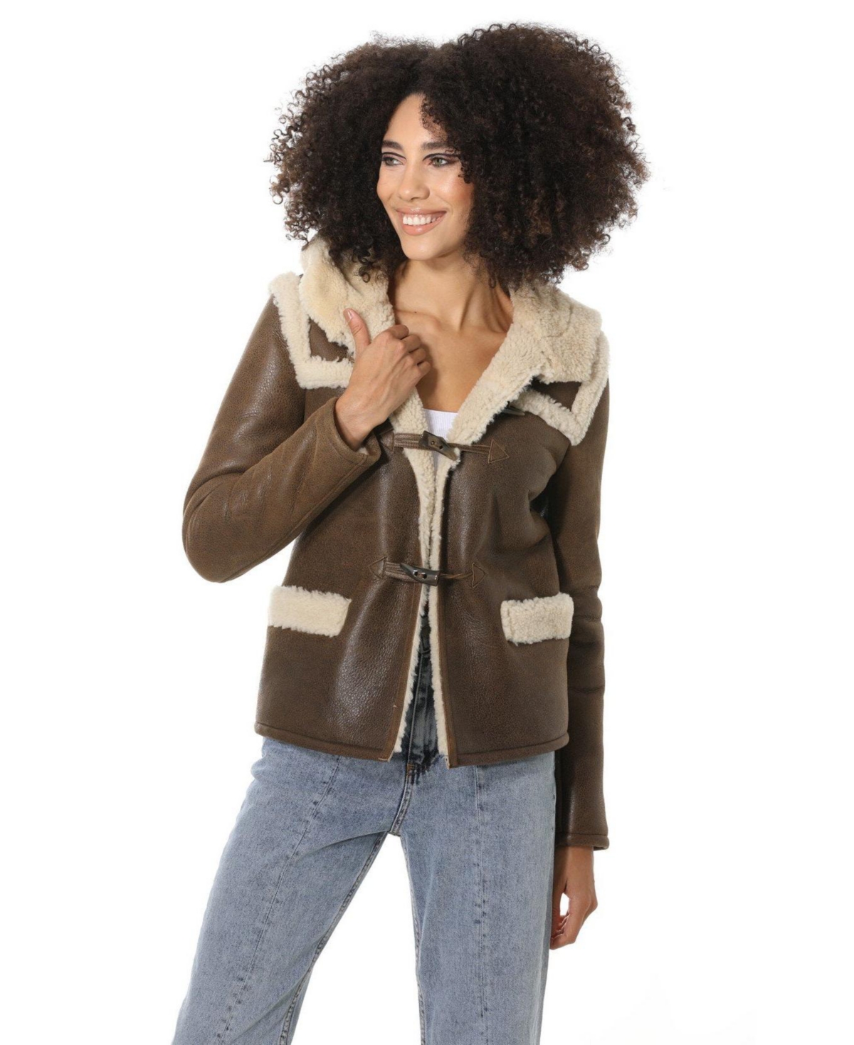 Furniq Uk Women's Hoody Shearling Jacket, Vintage -like Nut with Beige Curly Wool - Nut