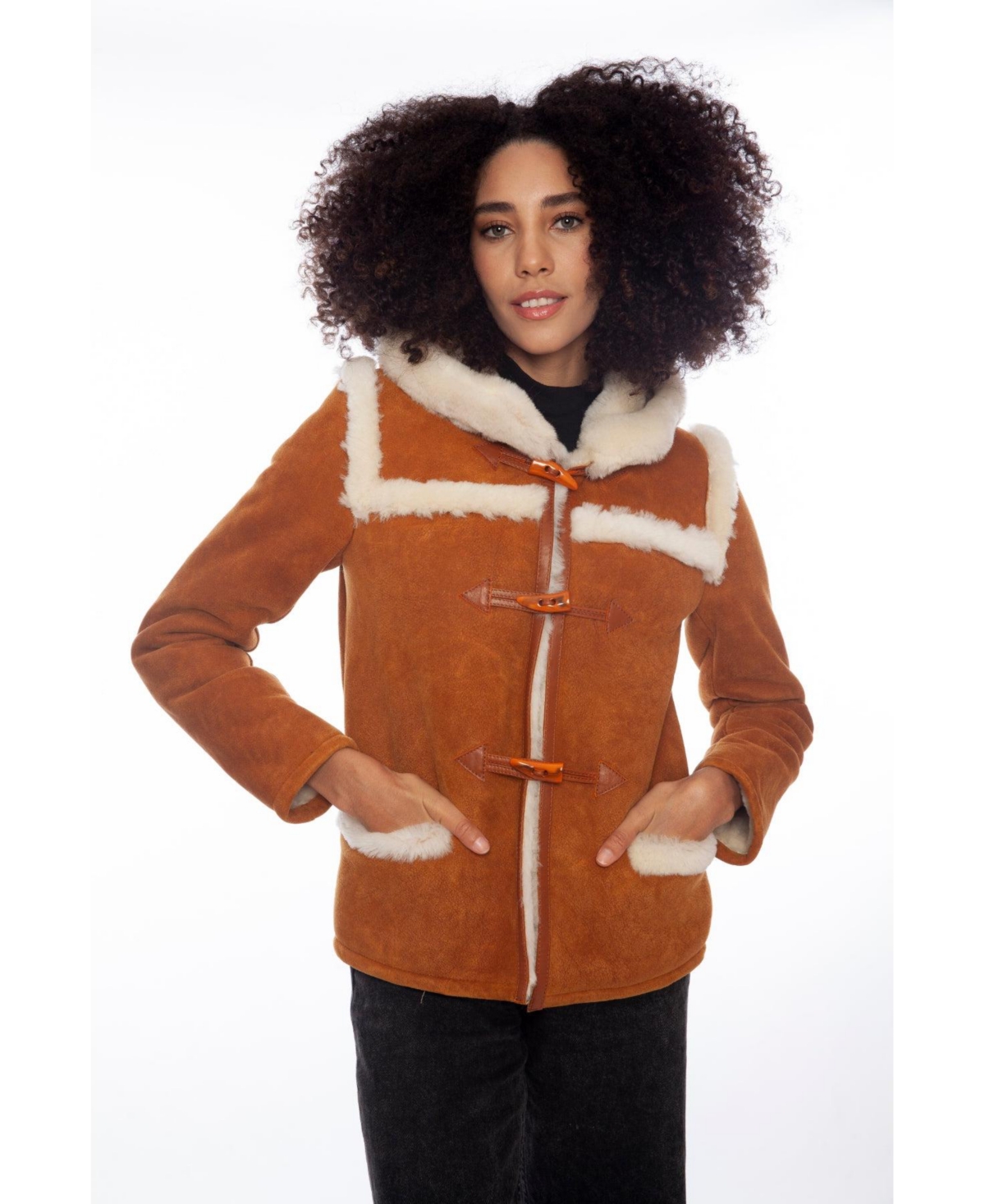 Furniq Uk Women's Hoody Shearling Jacket, Washed Tan with White Wool - Whiskey