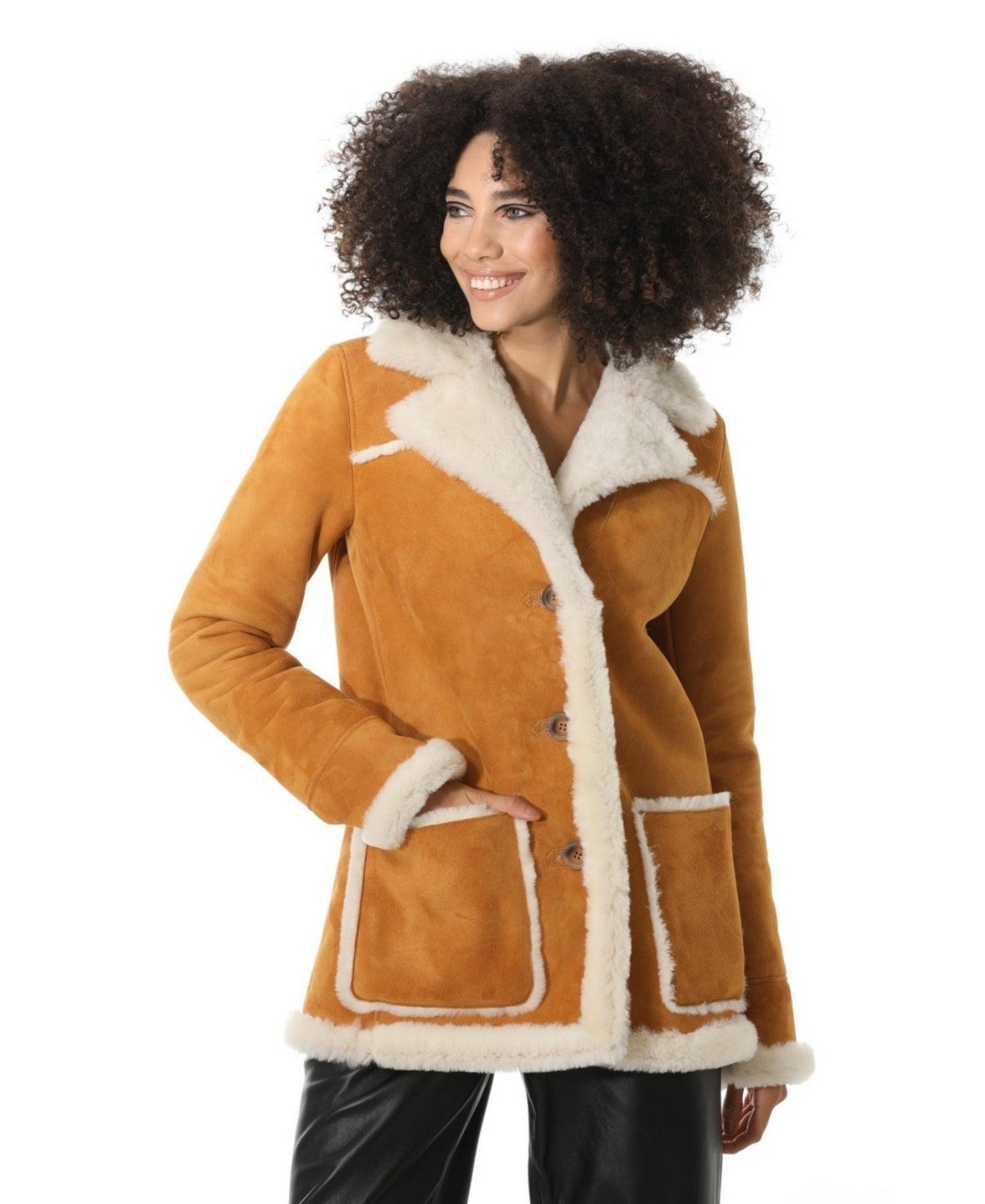 Furniq Uk Women's Shearling Patch Pocket Coat, Tan with White Wool - Whiskey