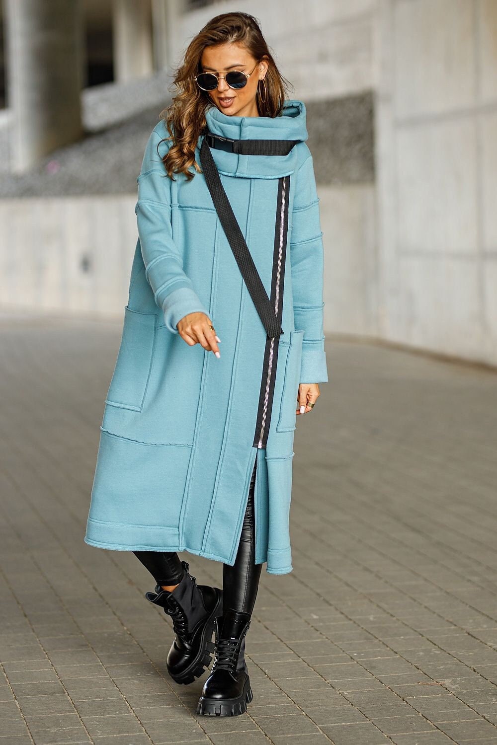 Futuristic Long Hooded Sweatshirt Coat, Maxi Wrap Clothing, Ladies Sweatshirt, Oversized Coat