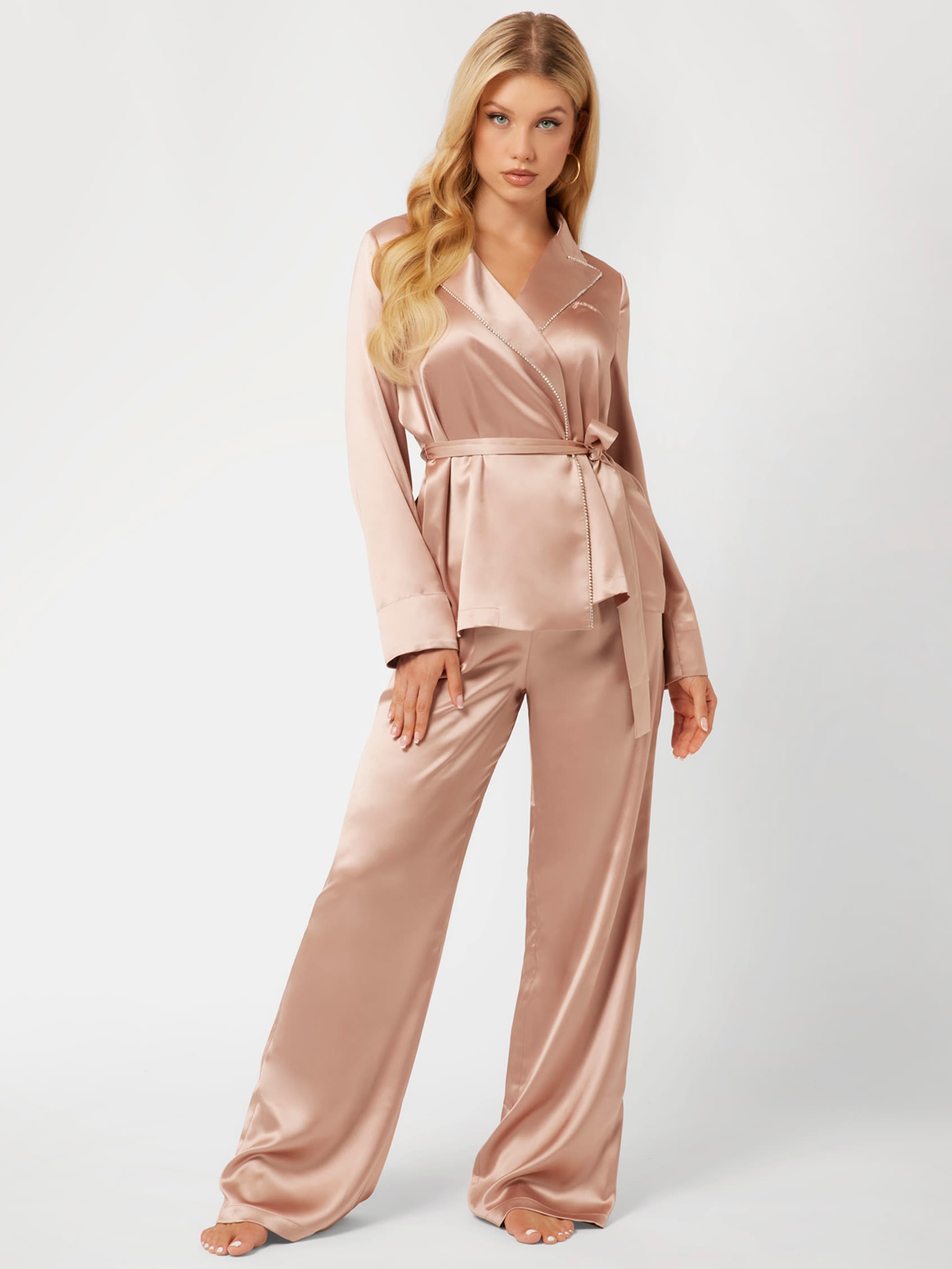 GUESS Satin Embellished Wrap Top And Pants PJ Set