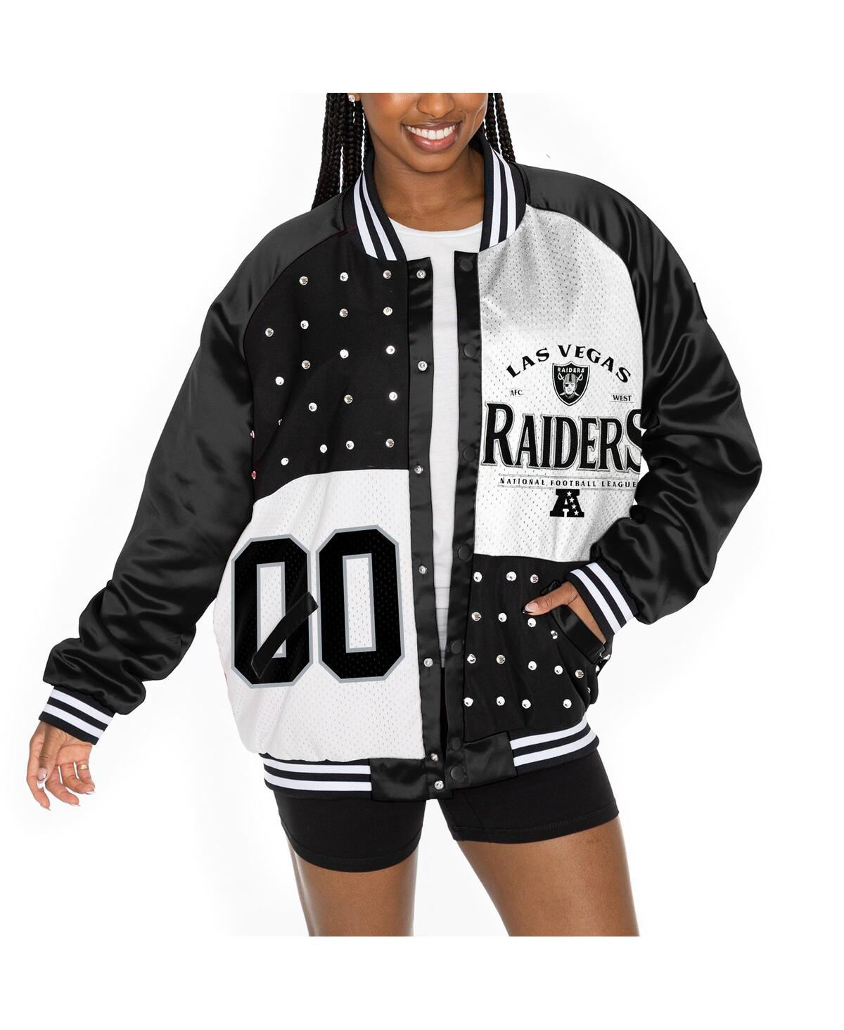 Gameday Couture Women's Black/White Las Vegas Raiders Oversized Hot Shot Rhinestone Throwback Full-Snap Varsity Bomber Jacket - Black, White