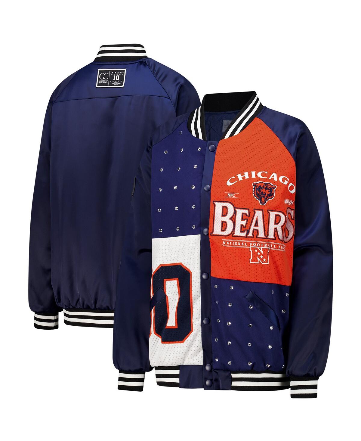 Gameday Couture Women's Navy/Orange Chicago Bears Oversized Hot Shot Rhinestone Throwback Full-Snap Varsity Bomber Jacket - Navy, Orange