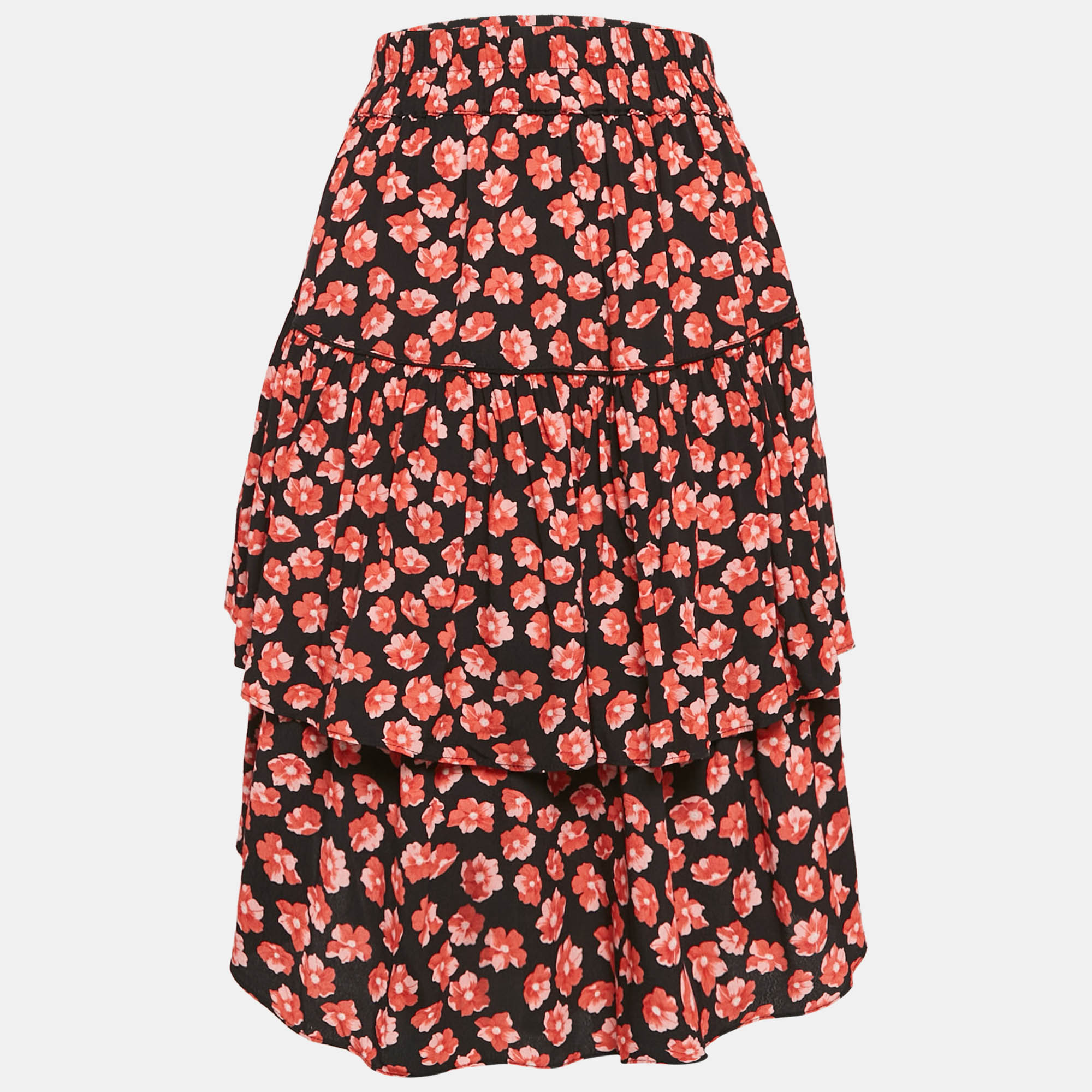 Ganni Black/Red Floral Print Lindale Crepe Tiered Short Skirt L