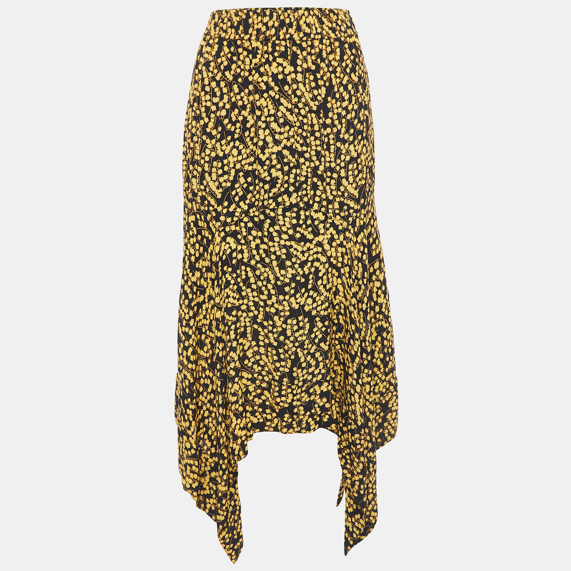 Ganni Black/Yellow Floral Printed Crepe Asymmetrical Skirt L