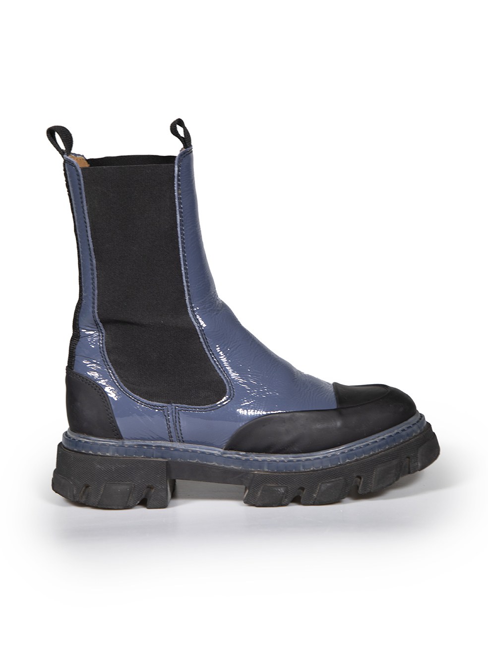 Ganni Blue Patent Leather Mid Chelsea Boots